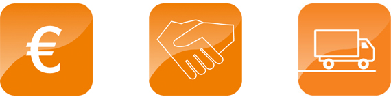 Logo menggunakan tanda euro, jabat tangan, dan mobil pengiriman