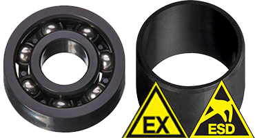 Plain bearings, ball bearings, linear bearings dan slewing ring bearings dengan perlindungan ESD